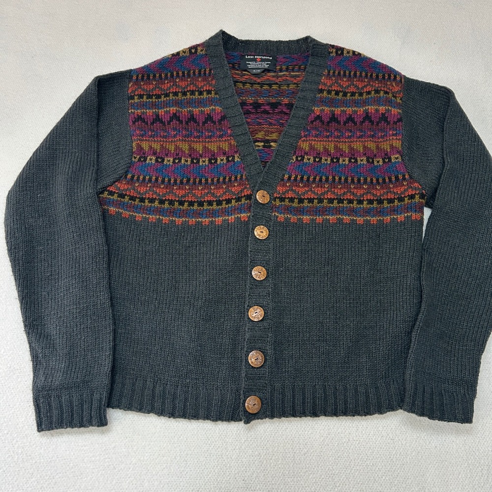 Gently Used Lost Horizons Handcrafted Wool Fair Isle Cardigan Sweater Mens XL